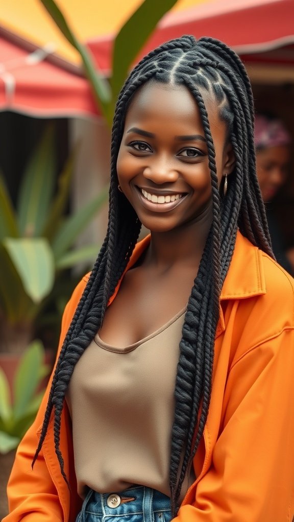 A woman smiling with short boho knotless braids, wearing an orange jacket and a beige top.