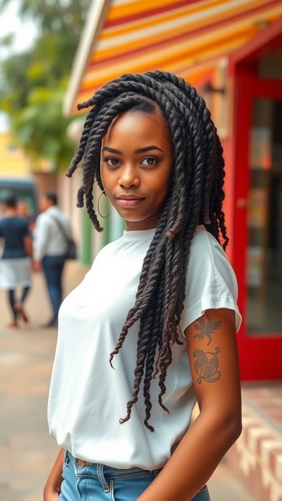 A person with knotless braids and curls, showcasing confidence and style.