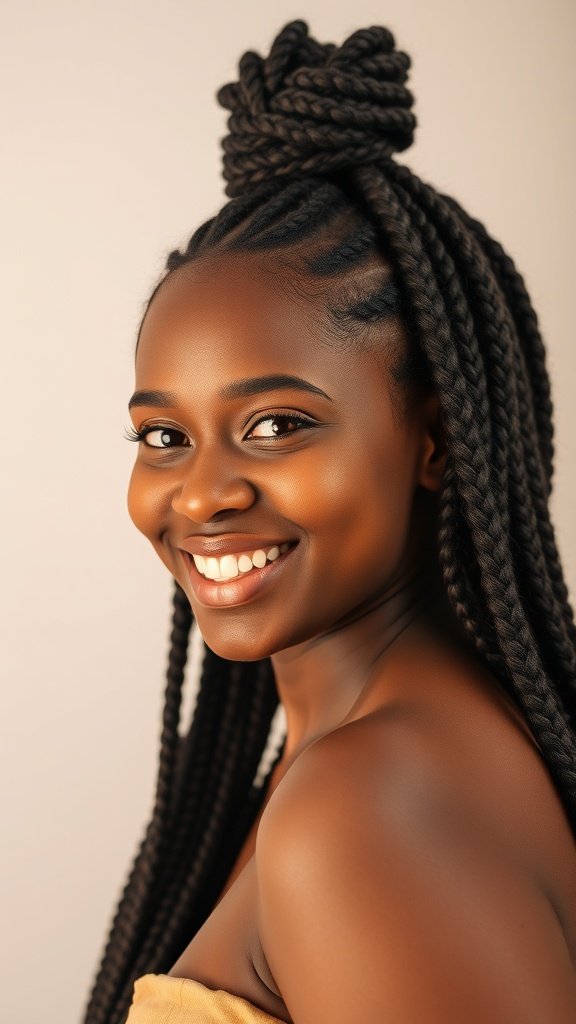 A woman smiling with large knotless braids styled elegantly.