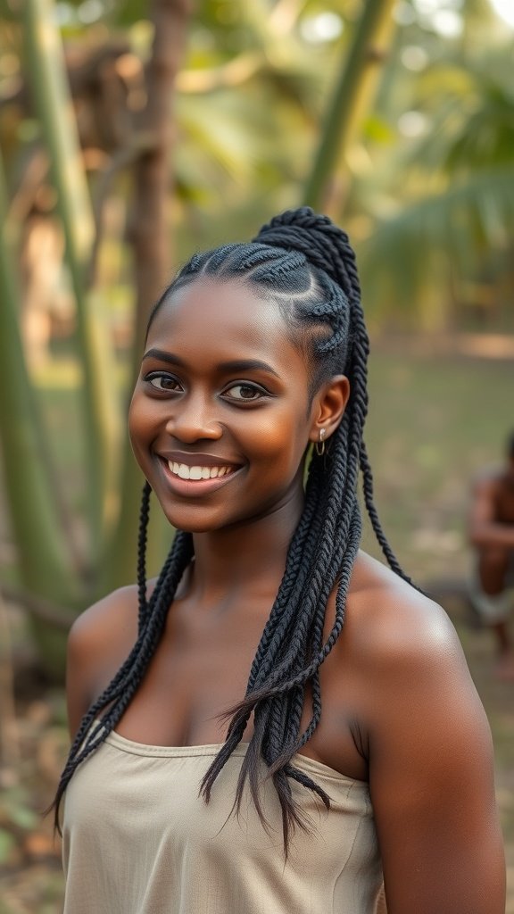 A woman with knotless braids and curly ends, smiling confidently outdoors.