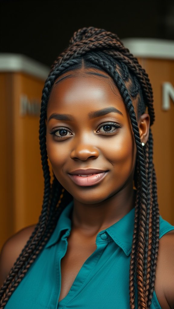 A woman with small boho knotless braids, showcasing a confident smile.