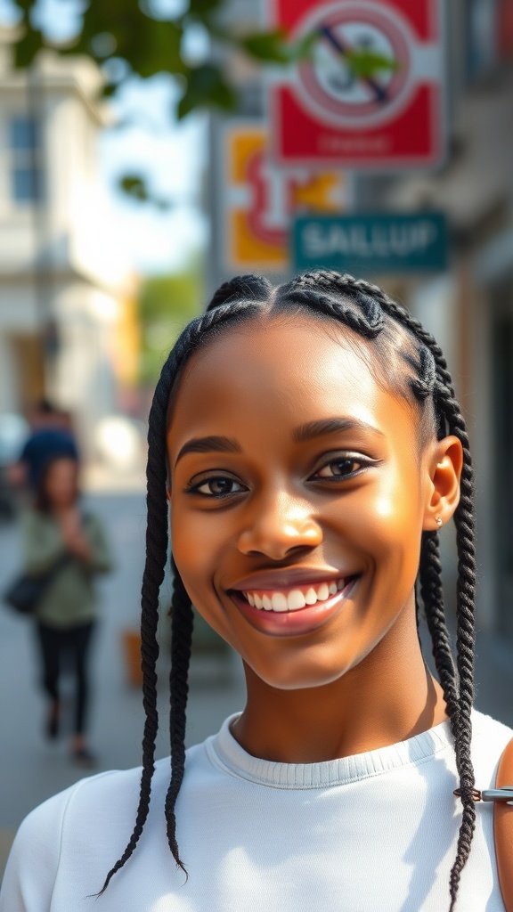 A young woman smiling with small boho knotless braids in a vibrant urban setting.