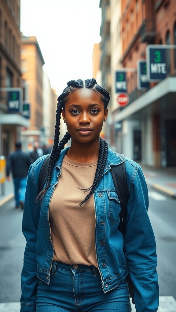 A young woman walking confidently in the city with short knotless braids and curly ends.