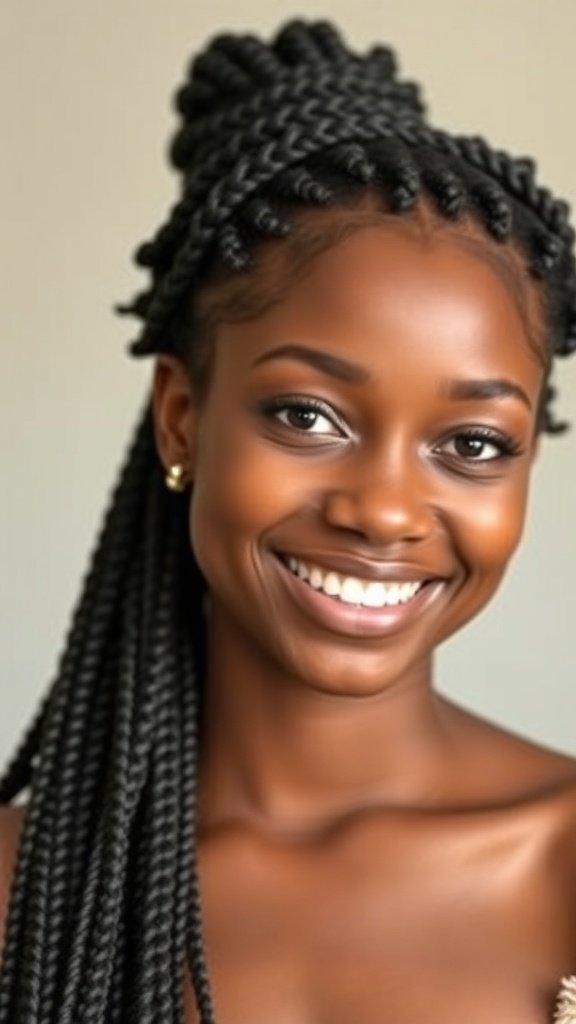A woman with bob knotless braids smiling confidently.