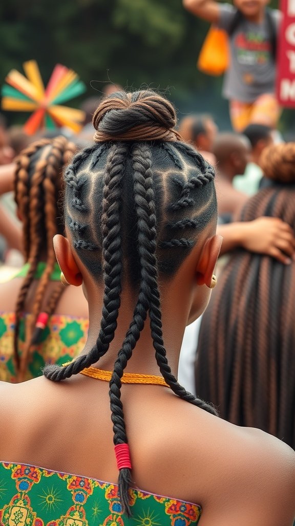 A close-up of a person with intricate knotless braids styled for a cultural celebration, showcasing vibrant colors and patterns.