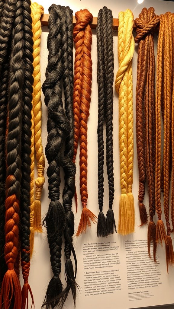 A display of various knotless braids in different colors and styles, showcasing their versatility and cultural significance.