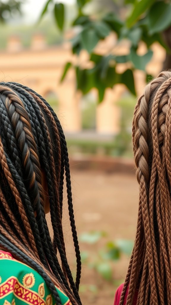 Two individuals with short bohemian knotless braids in different colors, showcasing a blend of styles and cultural significance.