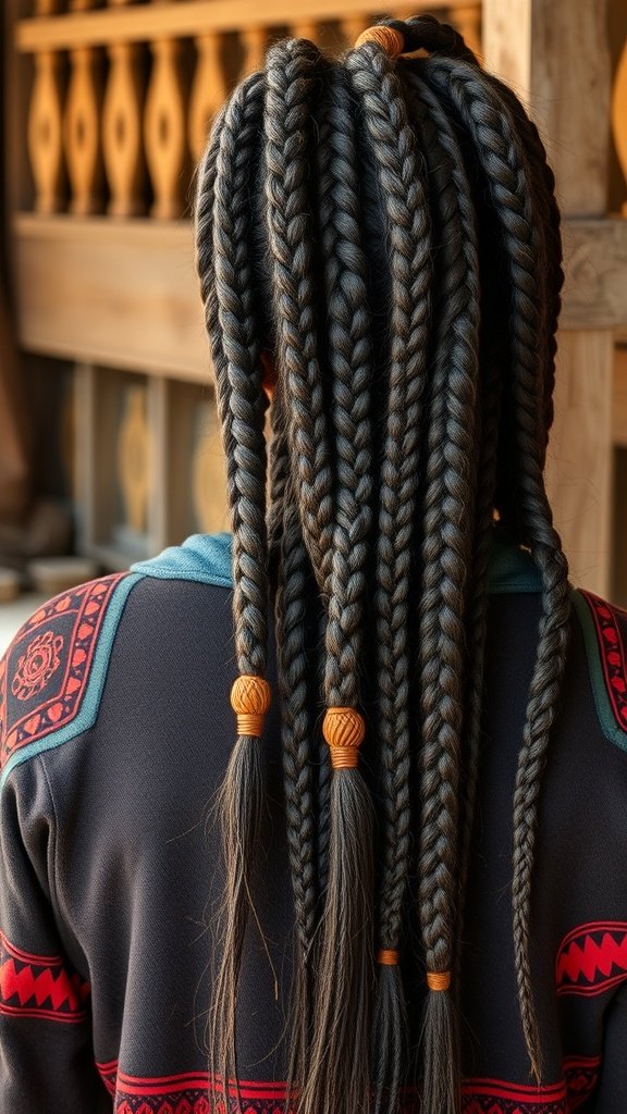 A person with short knotless braids featuring curly ends, adorned with hair jewelry.