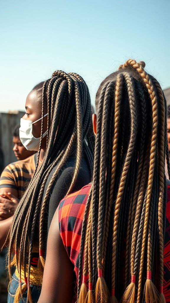 Two women with stylish knotless braids, showcasing cultural significance and modern hairstyle trends.