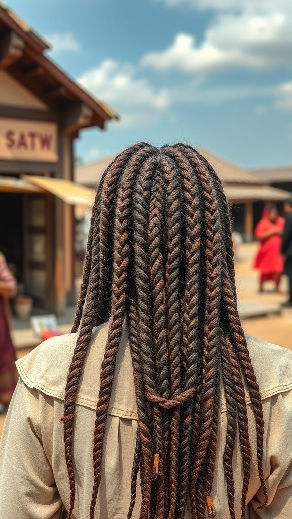 A woman with a boho knotless braids bob hairstyle, showcasing intricate braids against a backdrop of a vibrant outdoor setting.