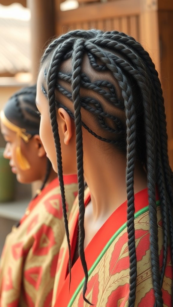 Two individuals showcasing intricate knotless braids with curls, wearing traditional attire.