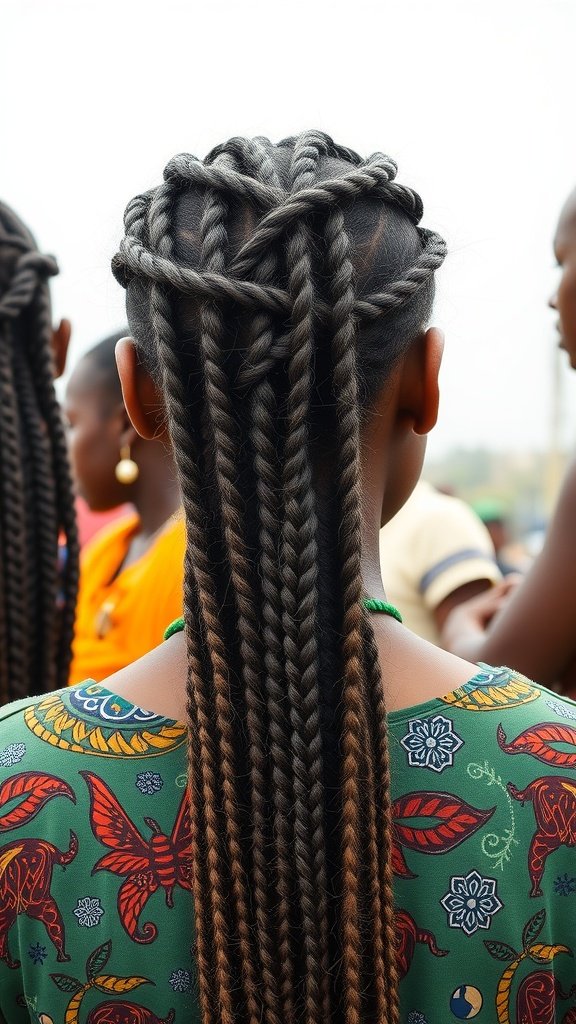 A person with long knotless braids styled intricately, showcasing cultural significance.