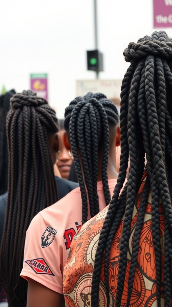 A group of individuals with small knotless braids, showcasing different styles and colors.