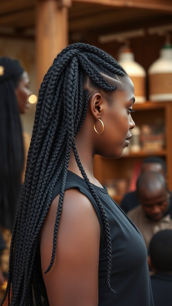 A woman with honey blonde knotless braids, showcasing a stylish and cultural hairstyle.