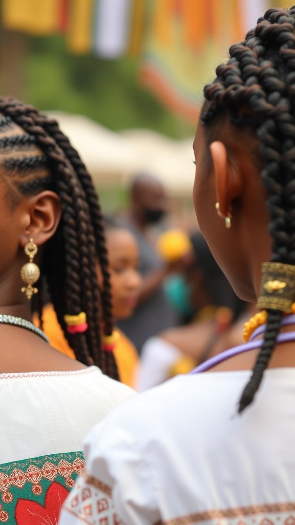 Women with large knotless braids showcasing their cultural hairstyle.