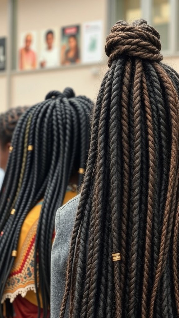 Image of women with large knotless braids, showcasing different styles and colors.