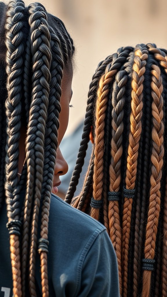 Two individuals with knotless braids featuring curly ends, showcasing a blend of styles and colors.