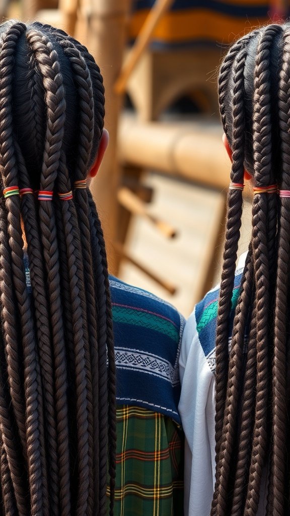 Two individuals with knotless braids styled beautifully, showcasing cultural significance.