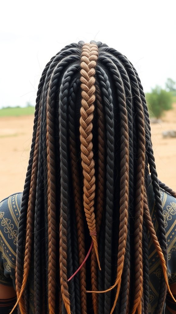 A close-up view of medium boho knotless braids with a mix of dark and light colors.