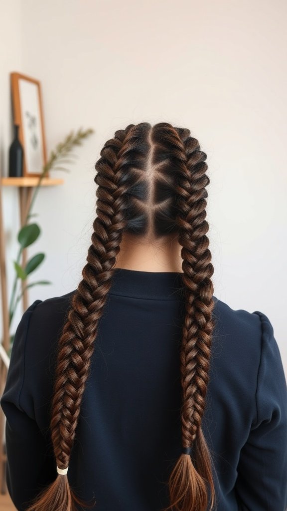A woman with two neat knotless braids styled down the back.