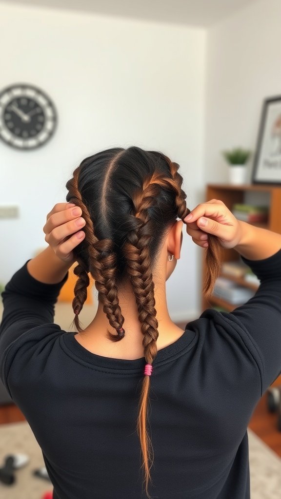 A person styling their hair into two knotless braids, showcasing a trendy and protective hairstyle.