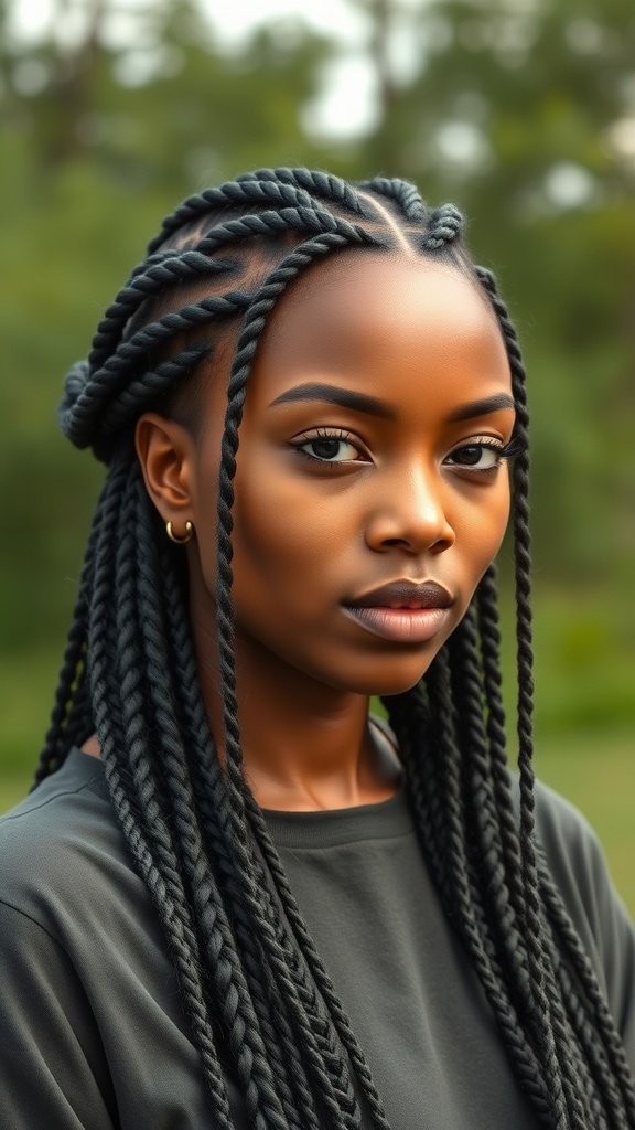 A woman with long knotless braids, showcasing a stylish and protective hairstyle.