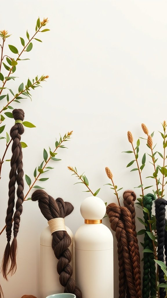 Various styles of knotless braids displayed with plants and hair care products