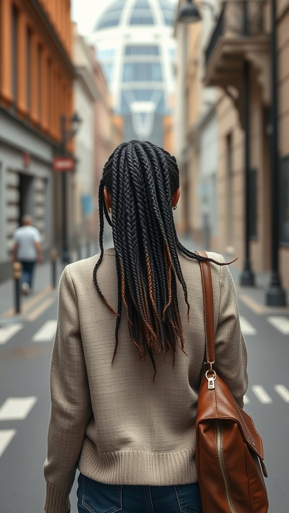 A person with boho knotless braids walking down a city street
