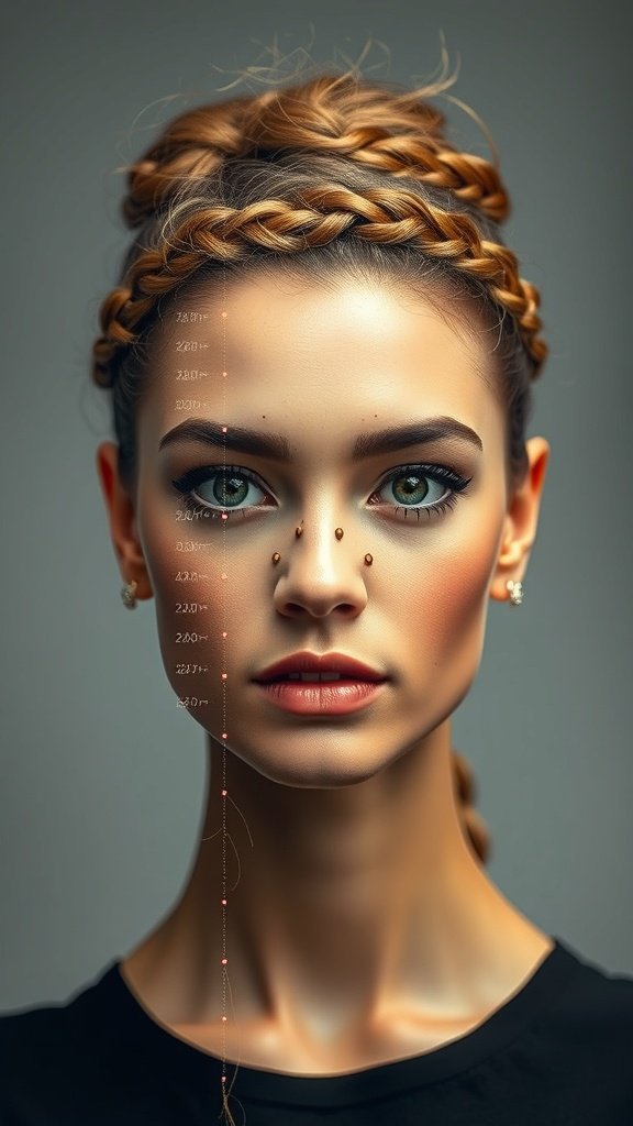 A model with knotless braids styled elegantly, showcasing facial features.