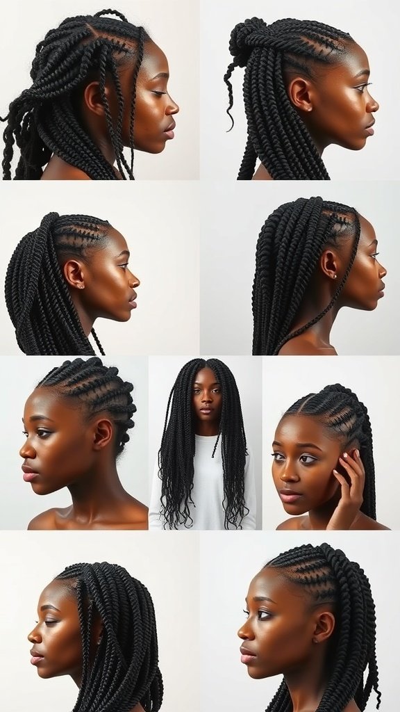 A collage of different styles of knotless braids showcasing various face shapes.