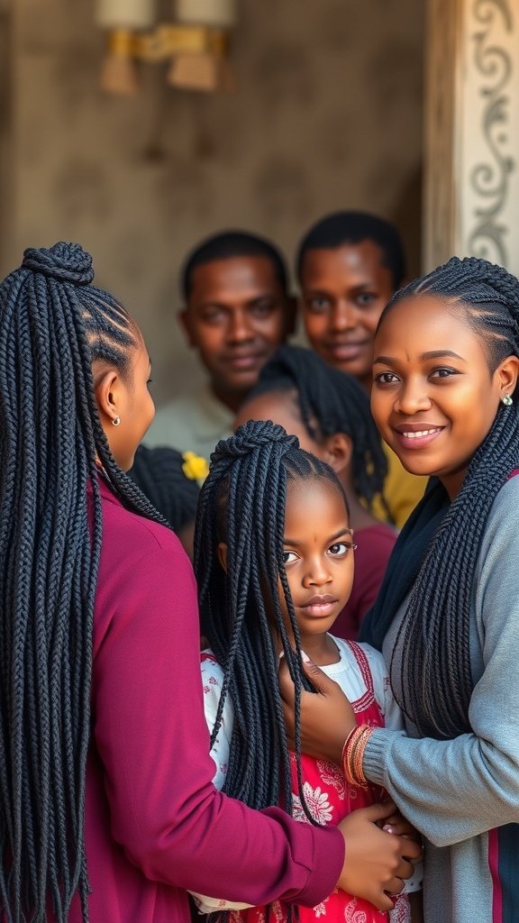 A family showcasing their knotless braids, highlighting the beauty of traditional hairstyles.