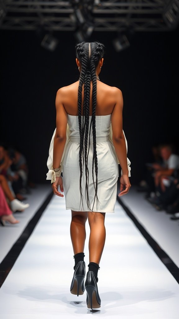 Model showcasing long knotless braids on a fashion runway
