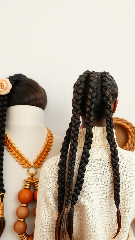 A close-up view of long knotless braids styled with fashion accessories, showcasing the beauty and versatility of braided hairstyles.