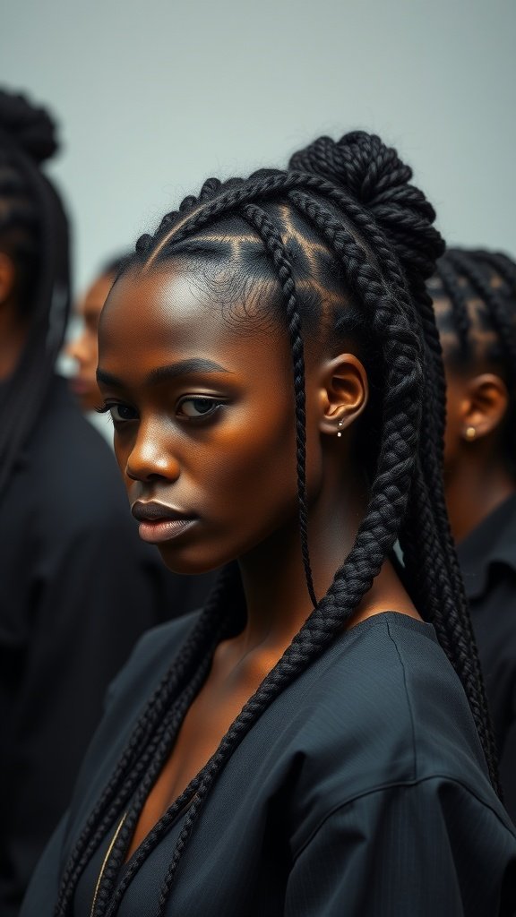 A close-up of a model showcasing knotless braids, highlighting intricate designs and a stylish look.