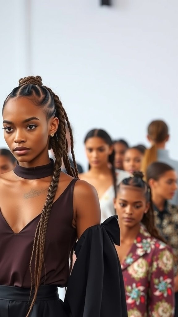 A model showcasing knotless braids in a fashion setting.