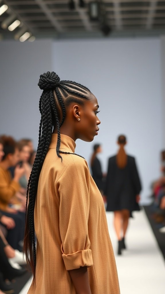 Model showcasing small knotless braids on a fashion runway.