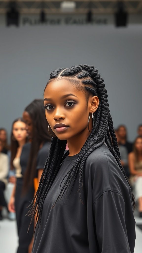 Model showcasing short knotless braids bob on the runway