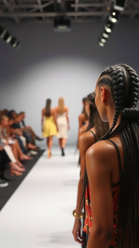 Models showcasing knotless braids on a fashion runway