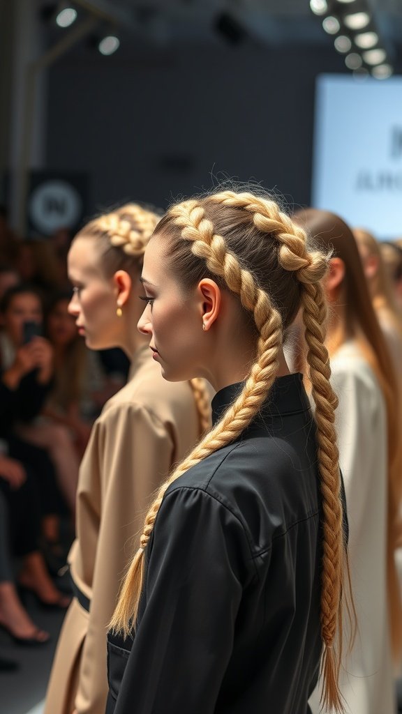 Models showcasing blonde knotless braids at a fashion event.