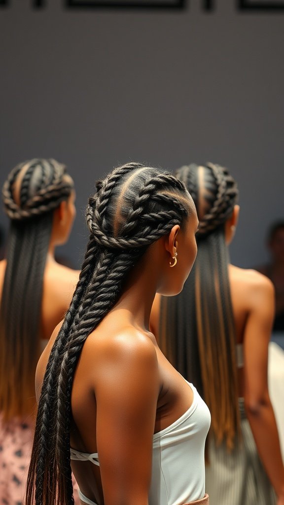 A group of models showcasing beautiful knotless Fulani braids at a fashion event.