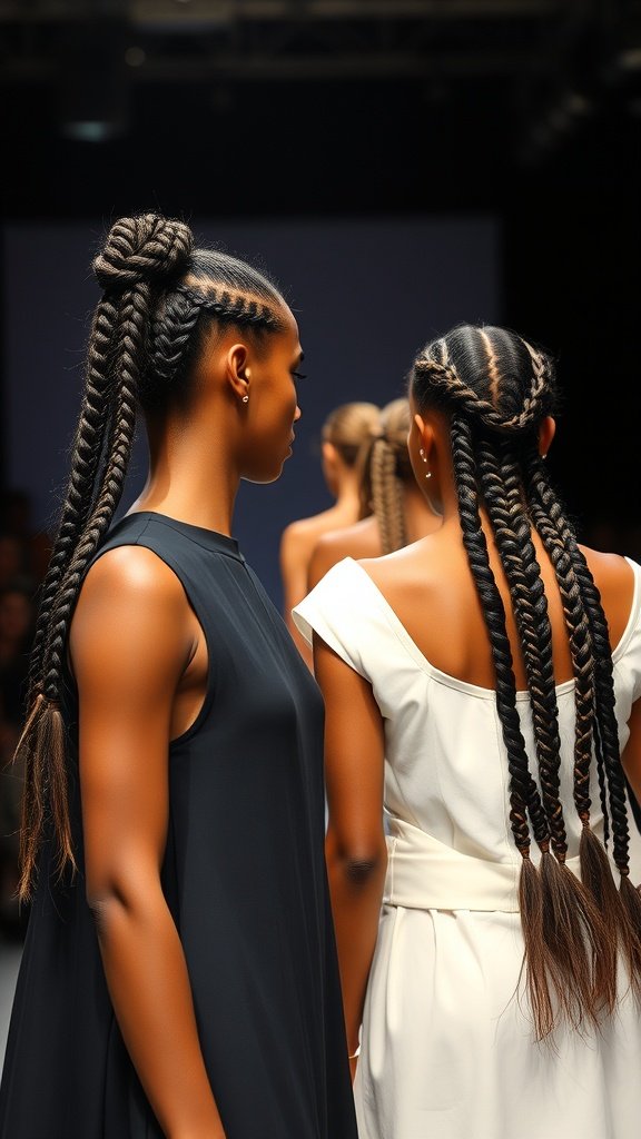 Models showcasing long knotless braids on a fashion runway