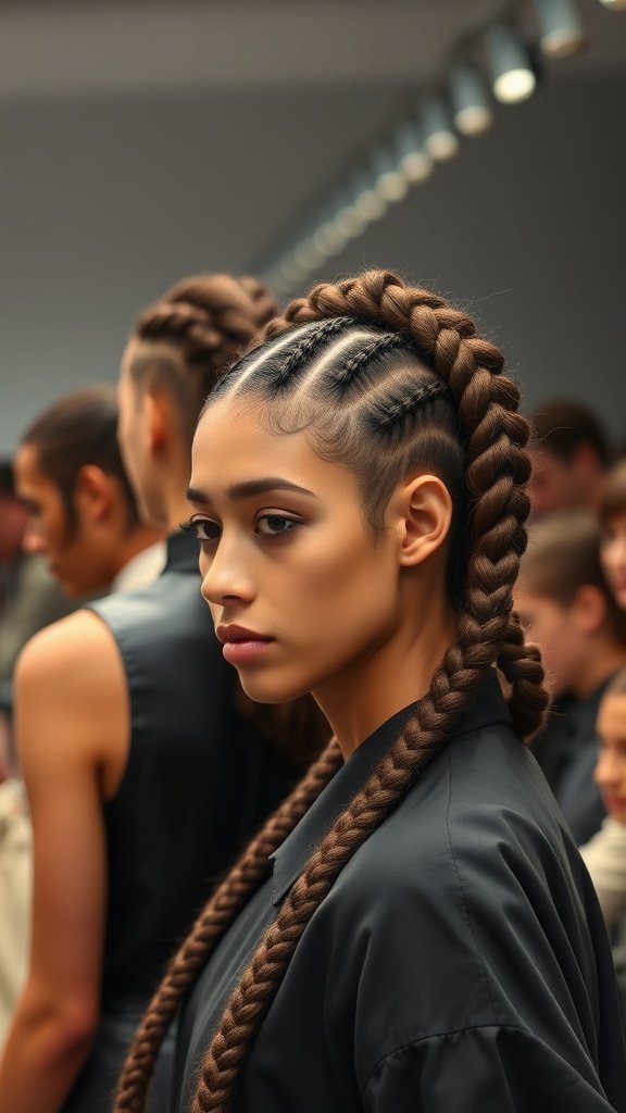 A model showcasing stylish knotless braids in a fashion setting.