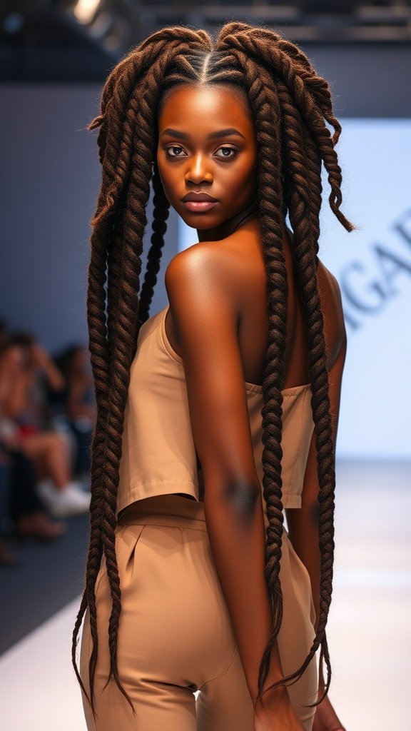 Model showcasing long brown knotless braids on a fashion runway.