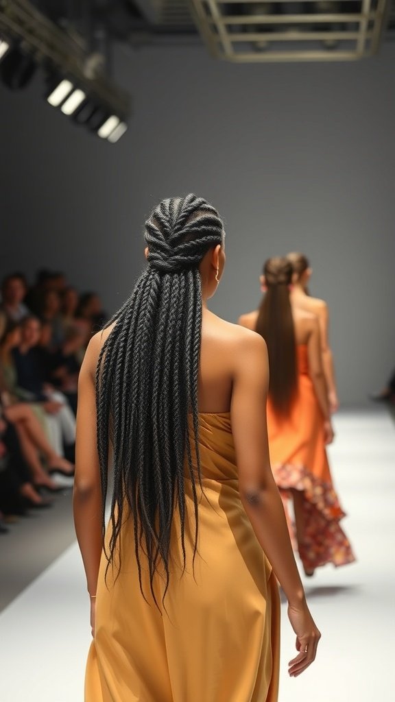Model showcasing large knotless braids on the runway