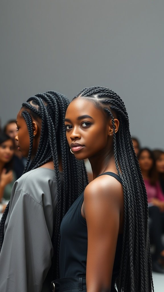 A model showcasing large knotless braids at a fashion event, highlighting the beauty and versatility of this hairstyle.
