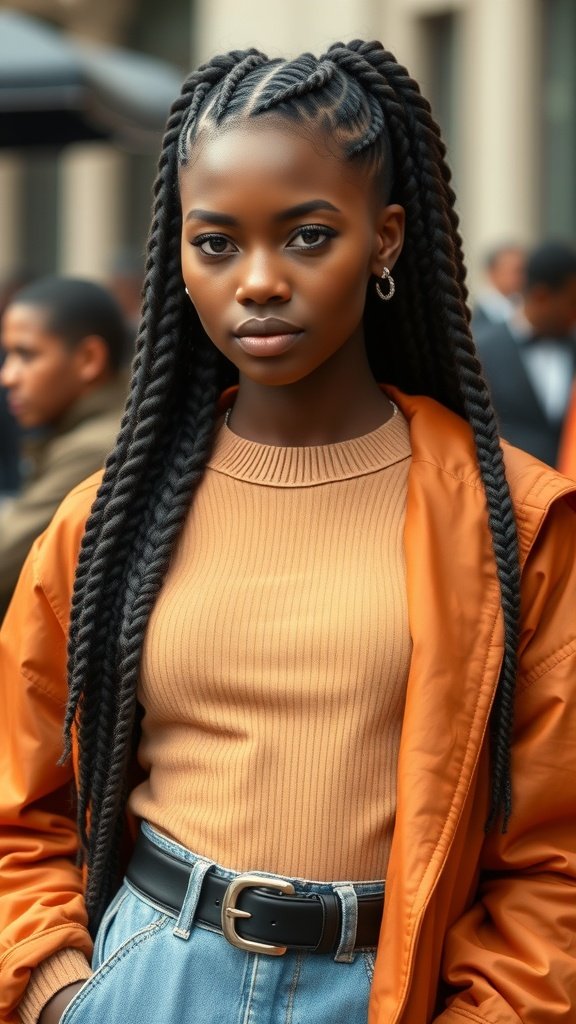 A model showcasing short boho knotless braids, wearing an orange jacket and a ribbed top, with a stylish belt and denim pants.