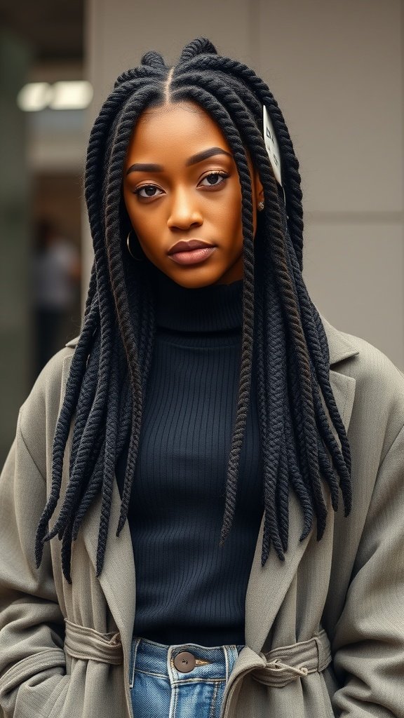 A woman with short knotless braids and curly ends, wearing a stylish outfit.