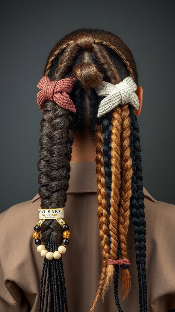 A stylish display of knotless braids with colorful accessories.