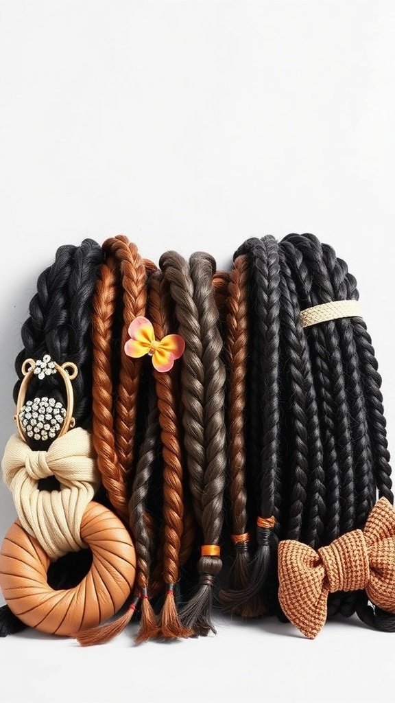 A collection of various knotless braids in different colors and styles, adorned with hair accessories.