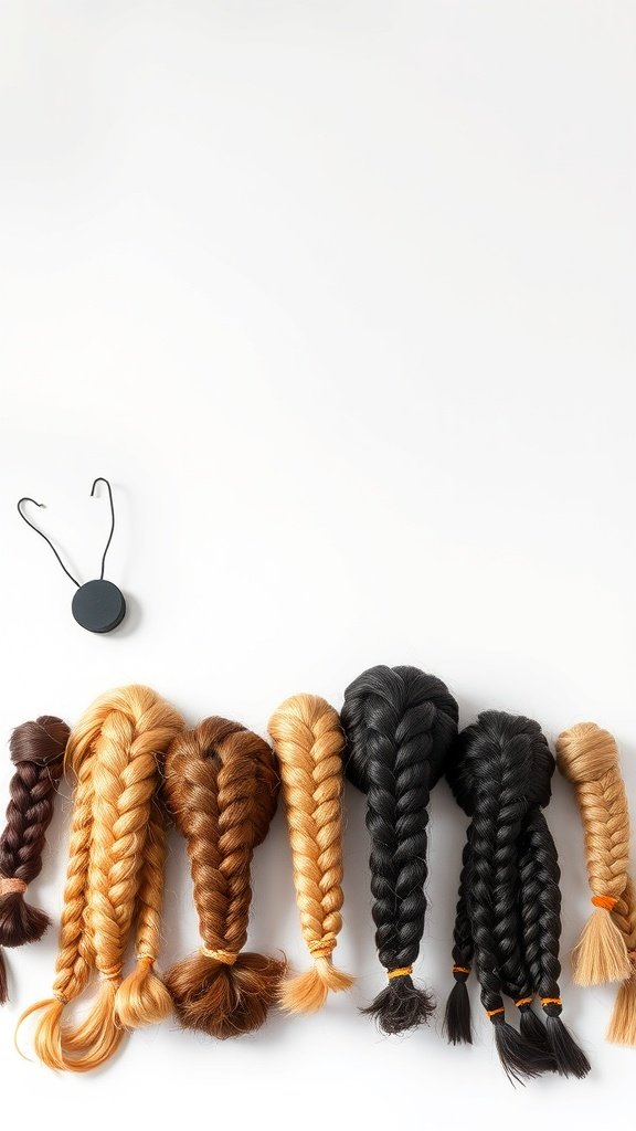 A variety of braided hairstyles in different colors and styles, showcasing knotless braids.